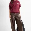 Trousers - mid-rise waist - barrel leg - faux leather dark brown