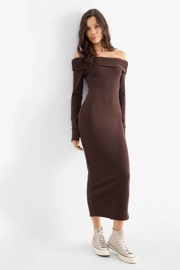 Knitted bodycon dress - ribbed dark brown