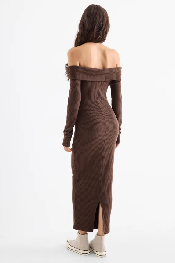 Knitted bodycon dress - ribbed dark brown