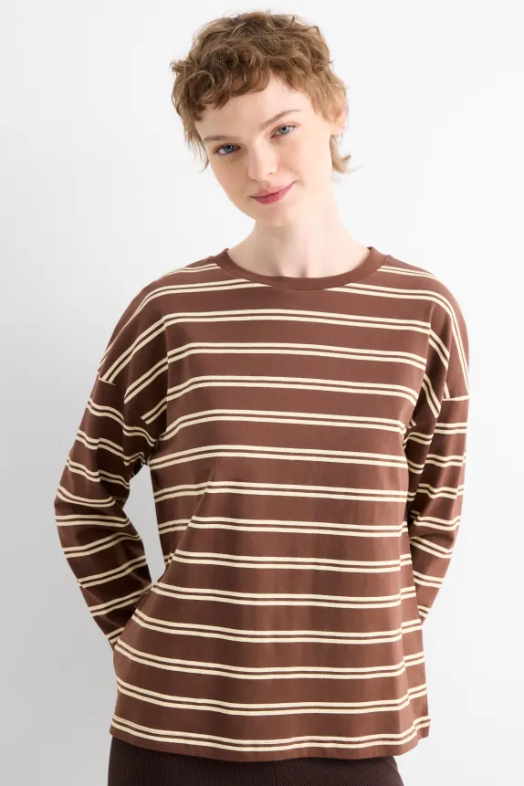Long sleeve top - oversized - striped brown / beige