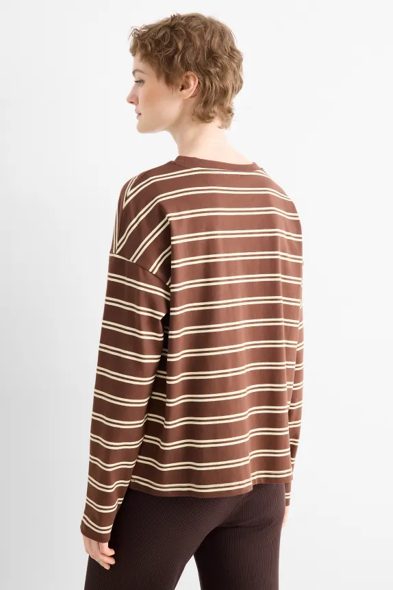 Long sleeve top - oversized - striped brown / beige