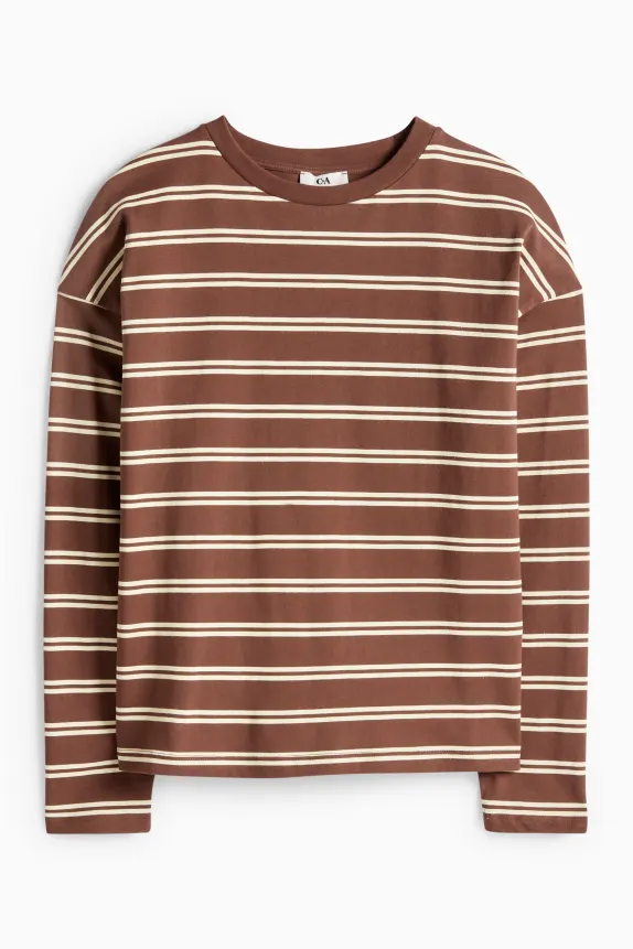 Long sleeve top - oversized - striped brown / beige