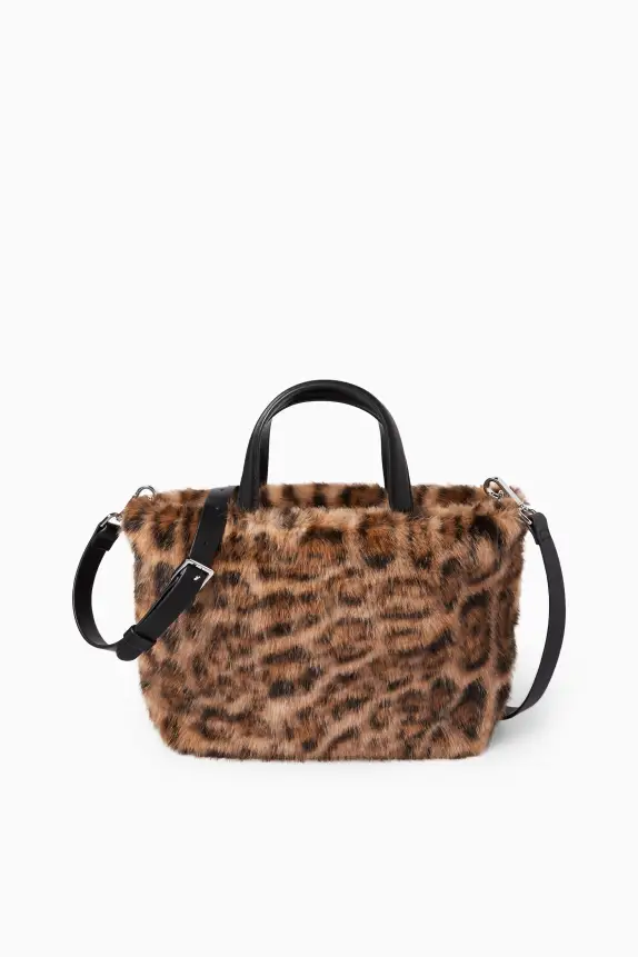 Small faux fur shopper with detachable bag strap black / beige