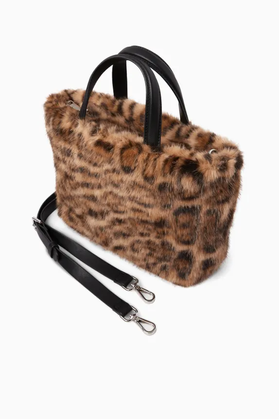 Small faux fur shopper with detachable bag strap black / beige