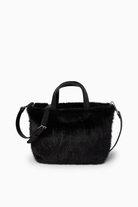Small faux fur shopper with detachable bag strap black
