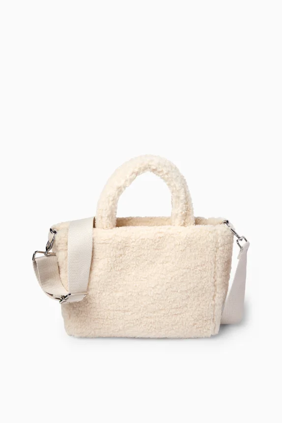 Small teddy fur shopper with detachable bag strap beige