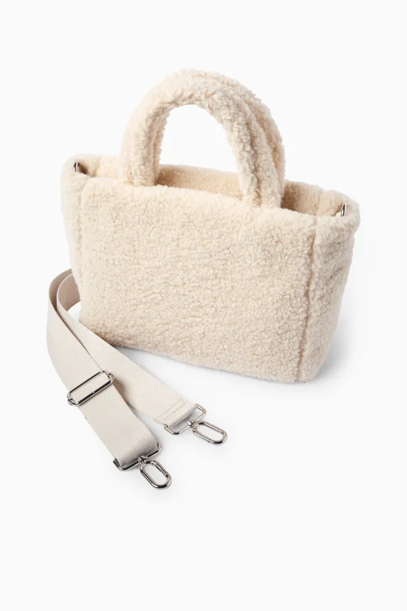 Small teddy fur shopper with detachable bag strap beige