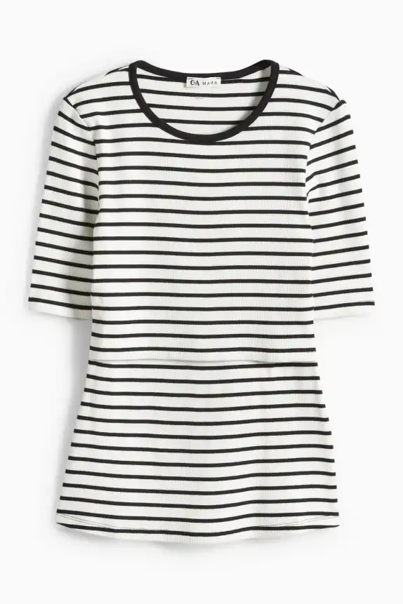 Nursing T-shirt - slim fit - ribbed - striped white / black