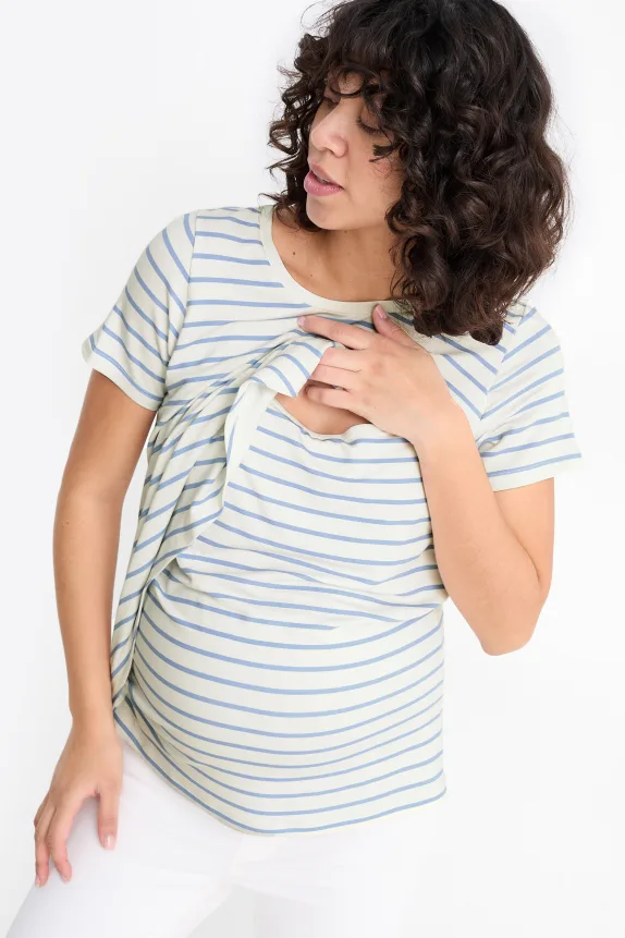 Nursing T-shirt - striped white / light blue