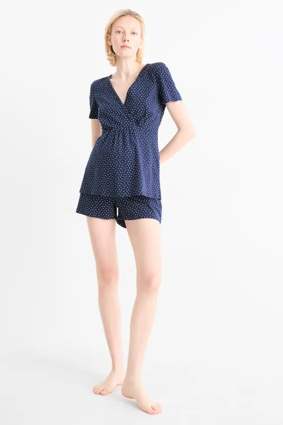 Short nursing pyjamas - polka dot dark blue