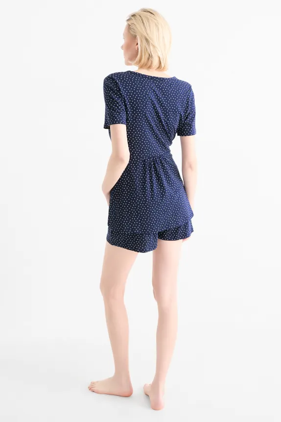 Short nursing pyjamas - polka dot dark blue