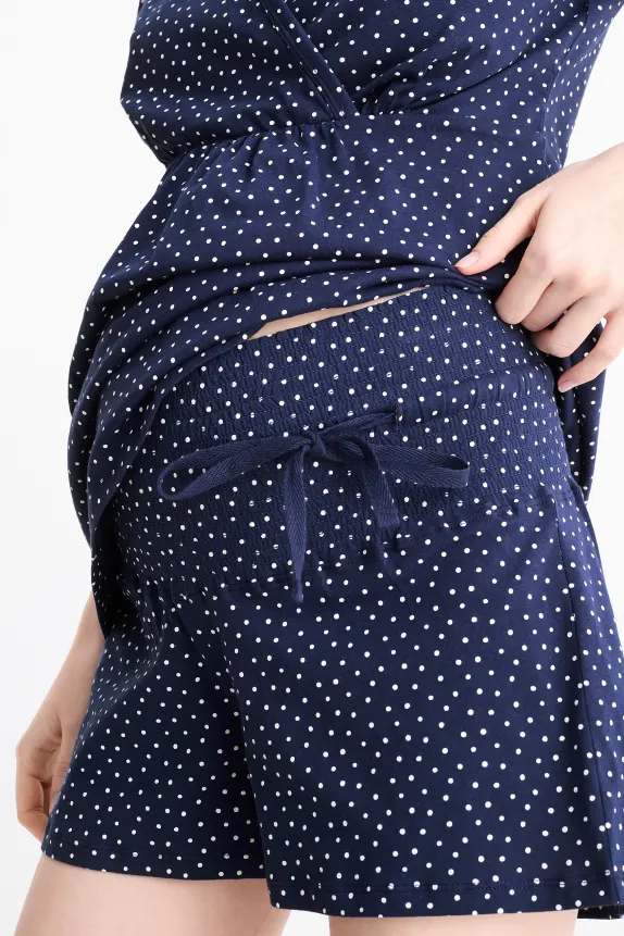 Short nursing pyjamas - polka dot dark blue