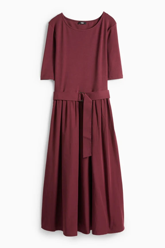 Fit & flare dress with belt bordeaux