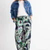 Cloth trousers - mid-rise waist - wide leg - patterned green / dark blue