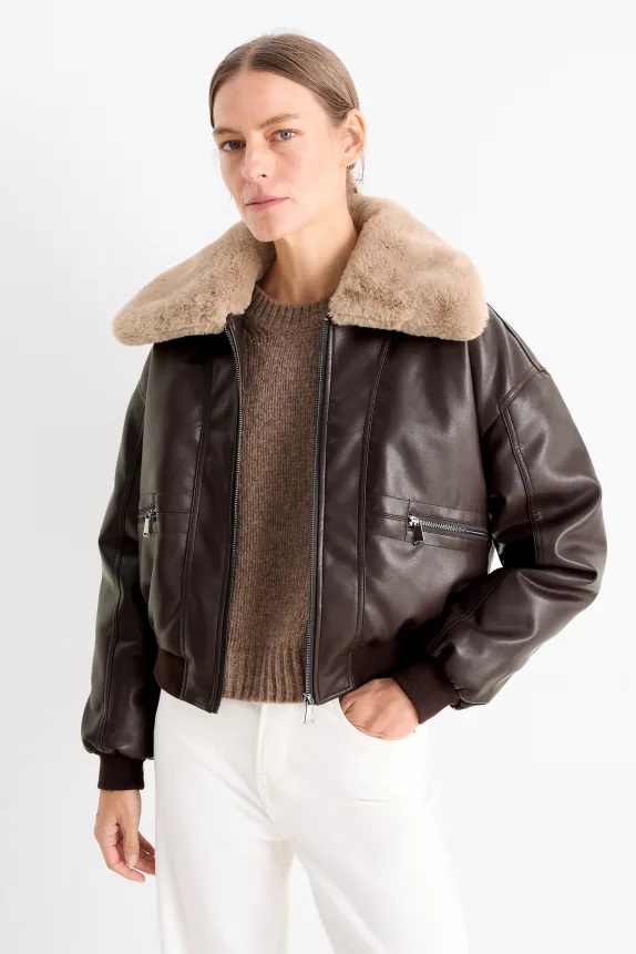 Bomber jacket with faux fur trim - faux leather dark brown