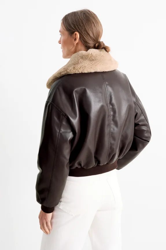 Bomber jacket with faux fur trim - faux leather dark brown