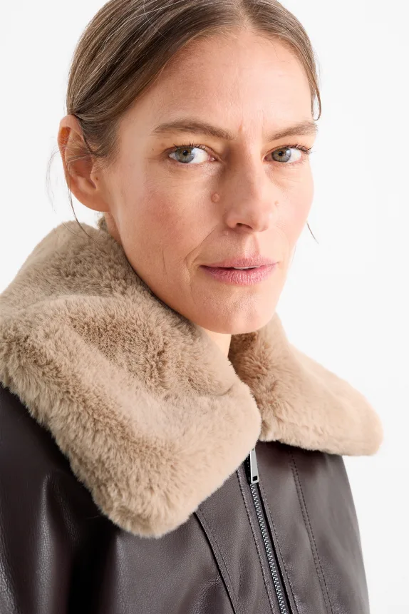 Bomber jacket with faux fur trim - faux leather dark brown