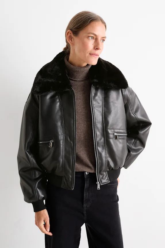 Bomber jacket with faux fur trim - faux leather black