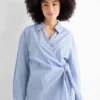 V-neck blouse with knot detail - striped light blue
