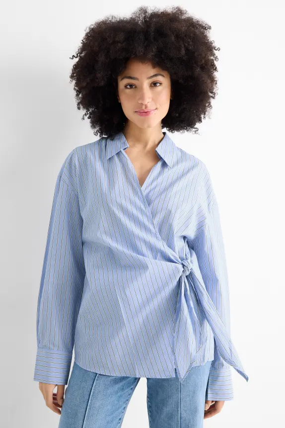 V-neck blouse with knot detail - striped light blue