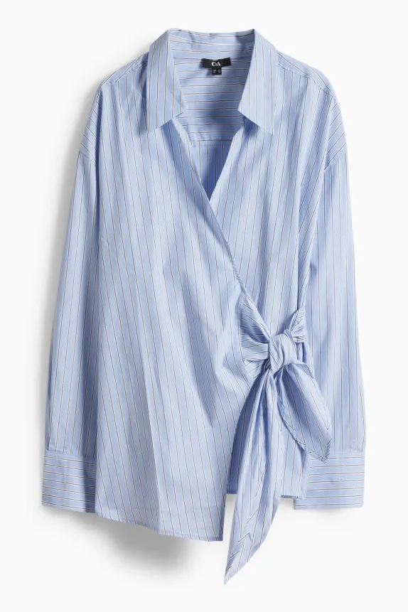 V-neck blouse with knot detail - striped light blue