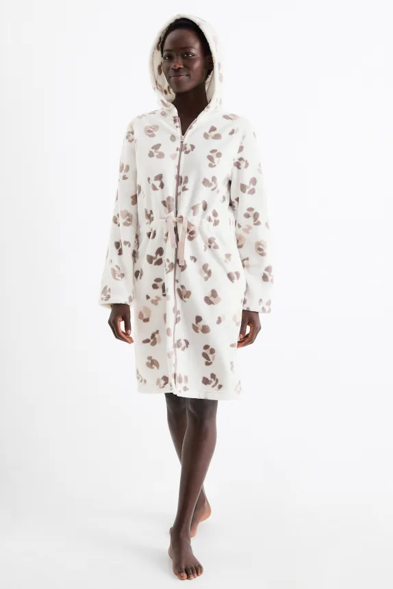 Bathrobe with hood - leopard print white