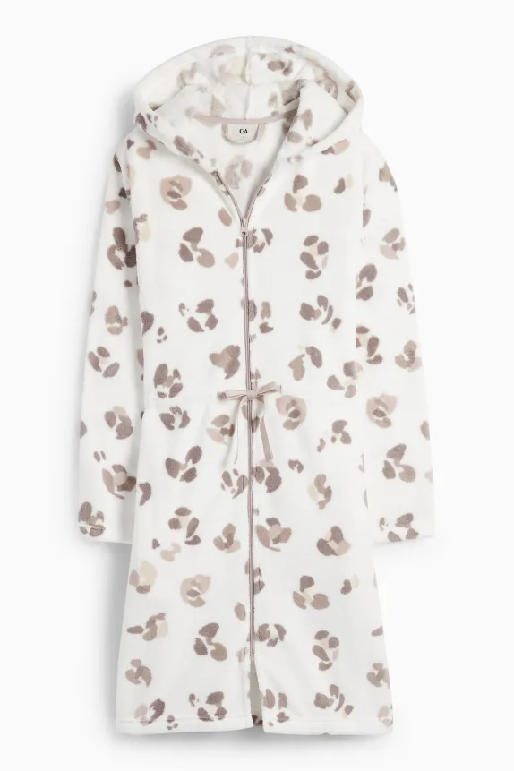 Bathrobe with hood - leopard print white