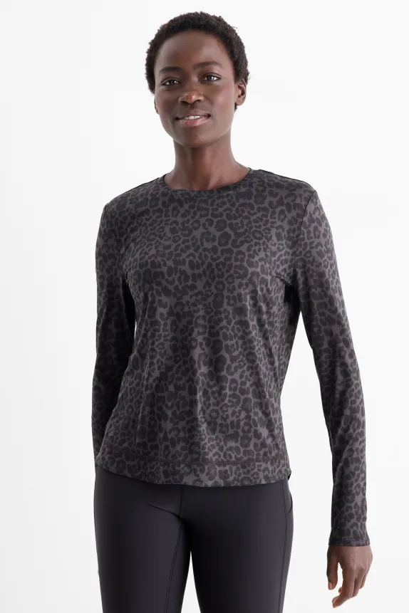 Long sleeve active top - regular fit - leopard print black / gray