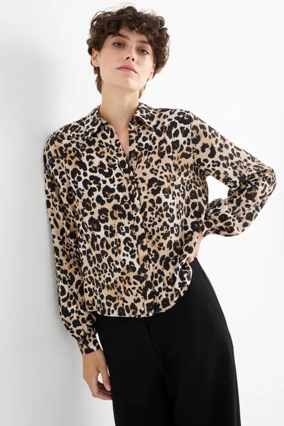 Blouse - leopard print black / beige