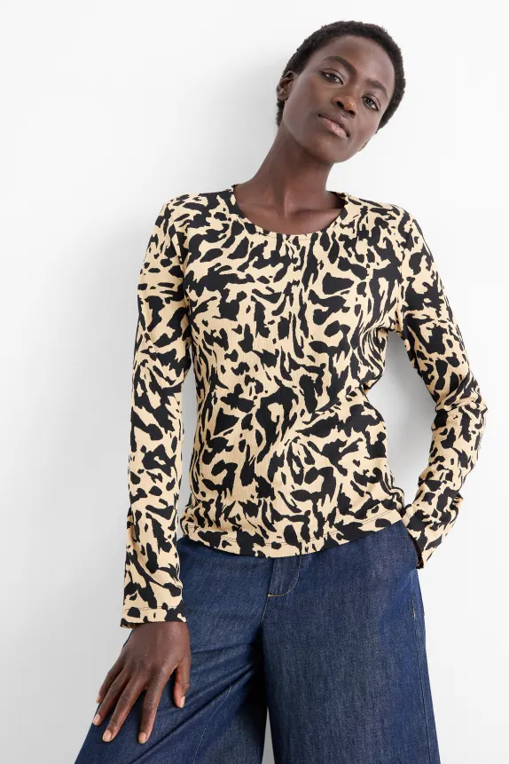 Long sleeve top - regular fit - patterned black / beige