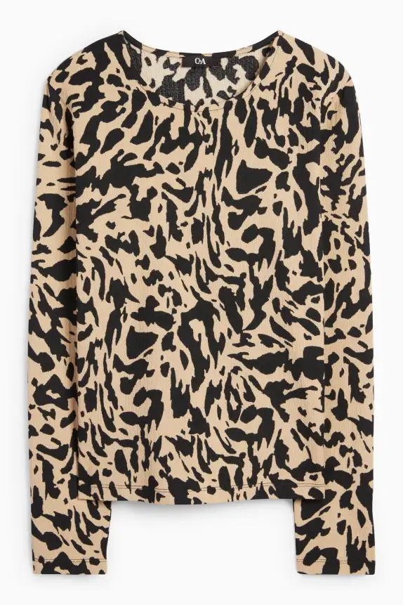 Long sleeve top - regular fit - patterned black / beige