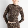 Cropped long sleeve top - slim fit - ribbed - leopard print black / beige