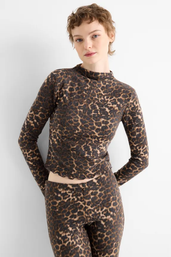 Cropped long sleeve top - slim fit - ribbed - leopard print black / beige