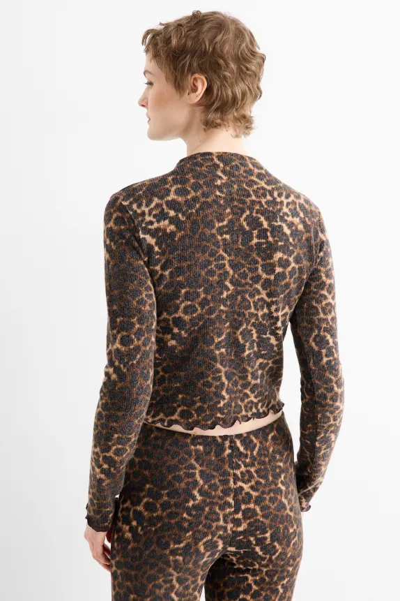Cropped long sleeve top - slim fit - ribbed - leopard print black / beige