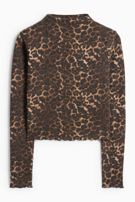 Cropped long sleeve top - slim fit - ribbed - leopard print black / beige