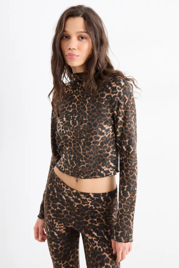 Cropped long sleeve top - slim fit - leopard print black / beige