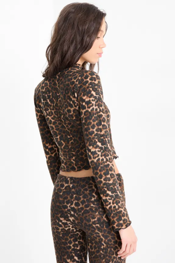 Cropped long sleeve top - slim fit - leopard print black / beige