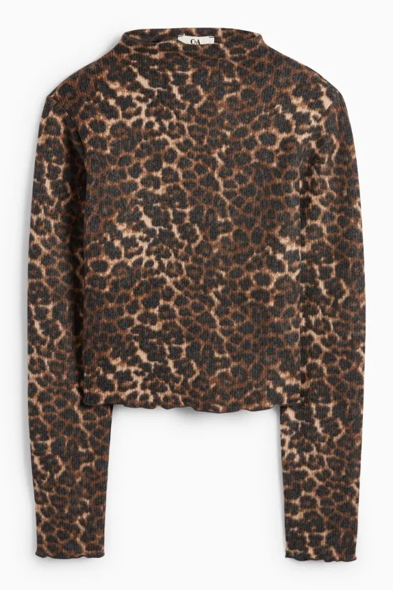 Cropped long sleeve top - slim fit - leopard print black / beige