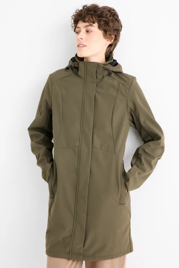Softshell coat with hood - water-repellent - 4-way stretch green