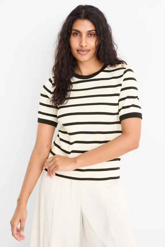 Knitted jumper - short sleeve - striped black / beige