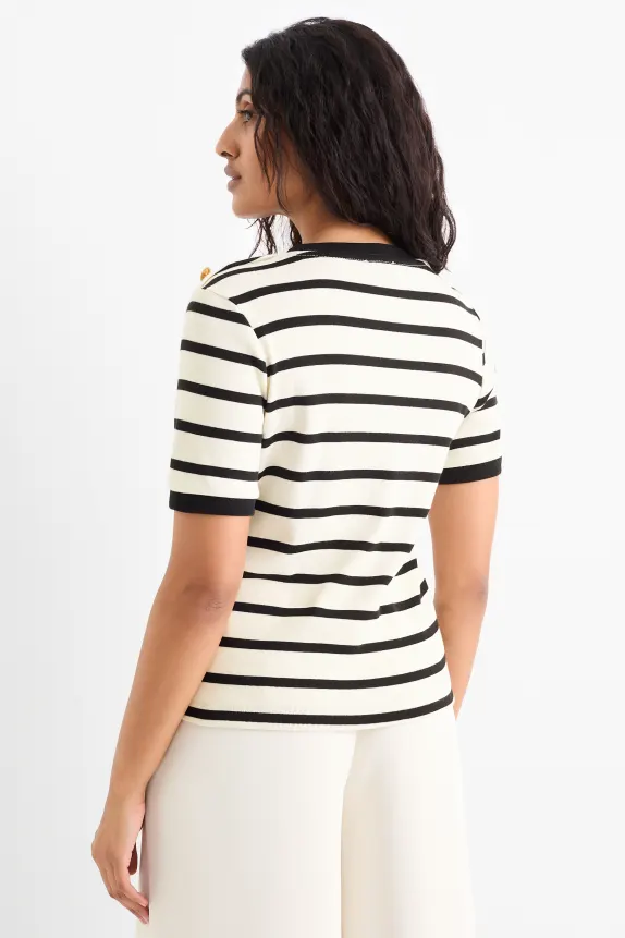 Knitted jumper - short sleeve - striped black / beige