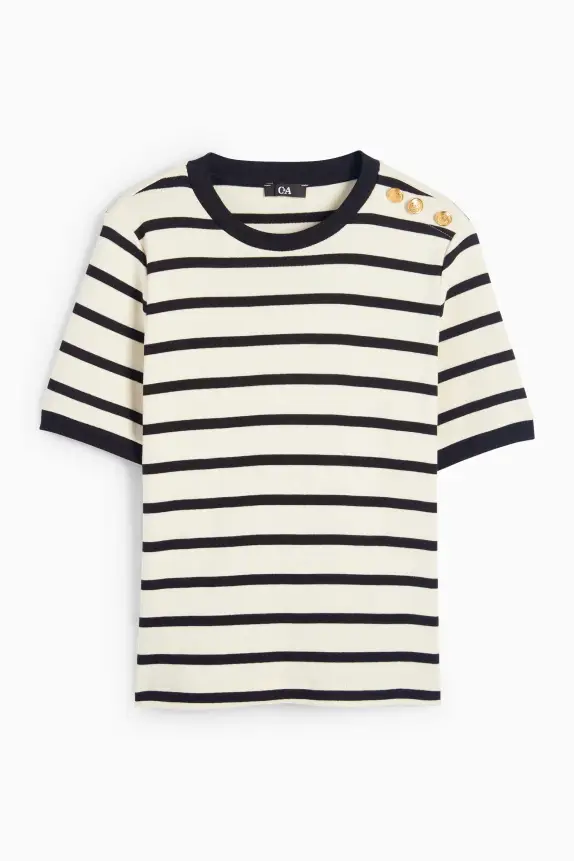 Knitted jumper - short sleeve - striped black / beige