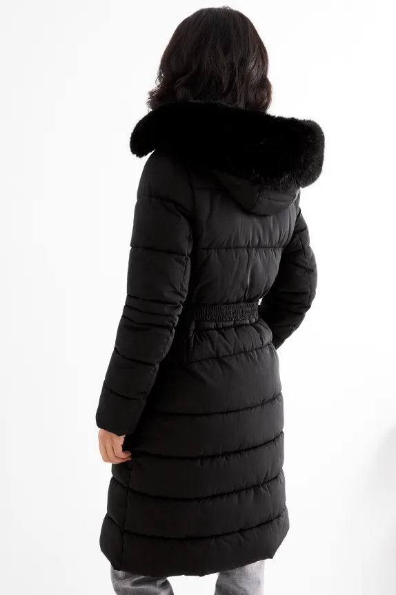 Quilted coat with belt, hood and faux fur trim black