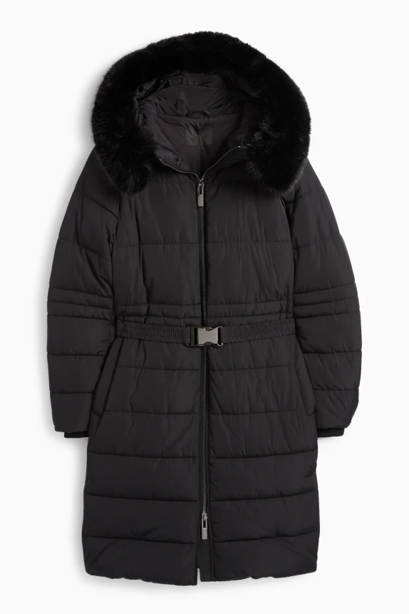 Quilted coat with belt, hood and faux fur trim black