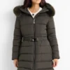 Quilted coat with belt, hood and faux fur trim dark green