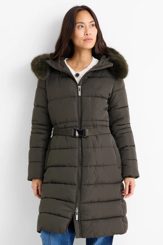 Quilted coat with belt, hood and faux fur trim dark green