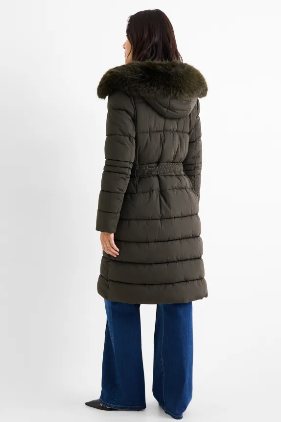 Quilted coat with belt, hood and faux fur trim dark green