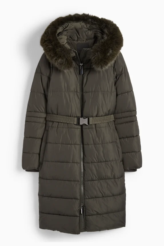 Quilted coat with belt, hood and faux fur trim dark green