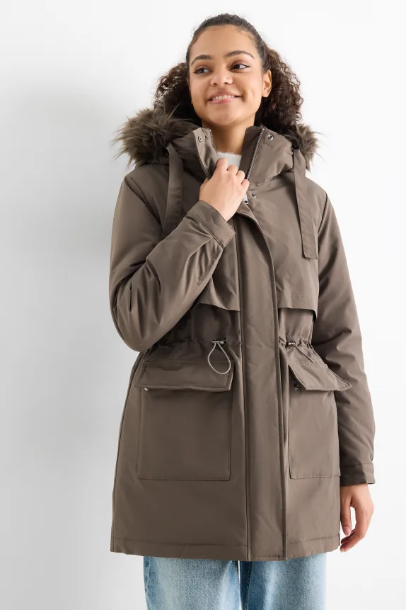 Parka with hood - lined - water-repellent khaki