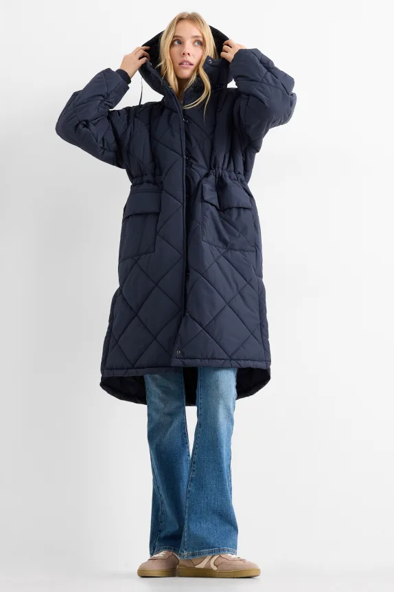 Quilted coat with hood dark blue